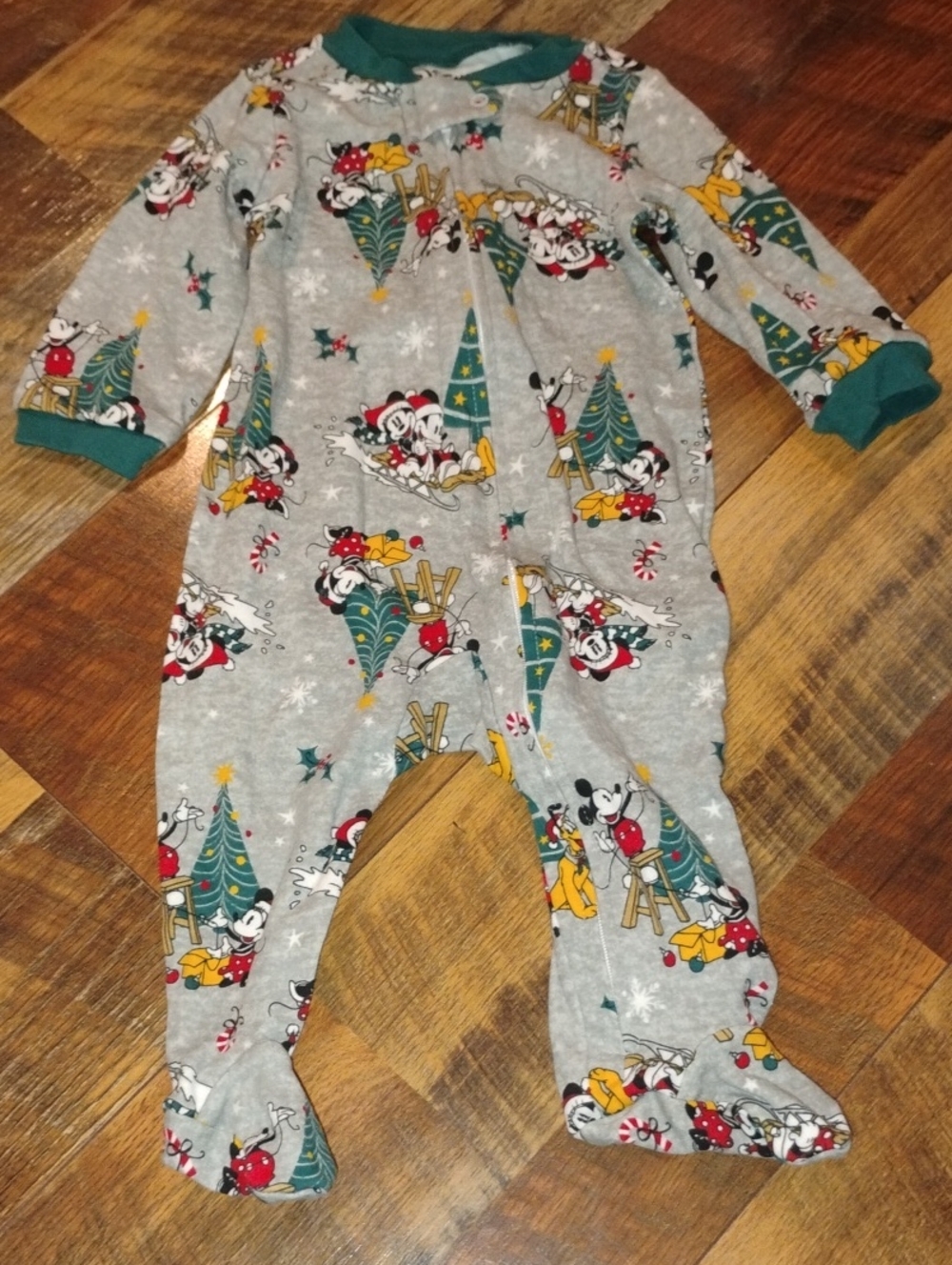 Disney Gray Holiday Mickey & Friends Footed One-Piece with Green Accents
